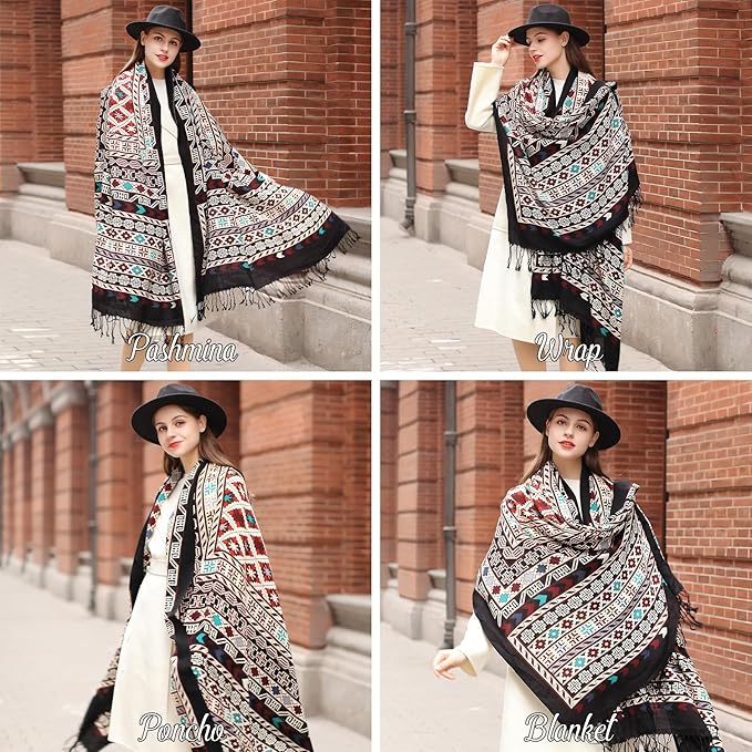 DANA XU 100% Merino Wool Extra Large Pashmina Blanket Travel Scarf Cashmere Wrap for Women Fall Winter Oversize Shawl Floral