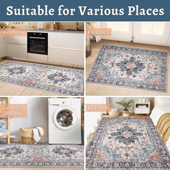 Tangsoo 3x5 Rug for Bedroom, Washable Vintage Rugs Indoor, Non Slip Accent Rug, Print Distressed Blue/Beige Carpet, Soft Low Pile for Living Room Dorm Bedroom Bedside Entryway Bathroom