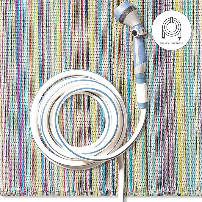 Fab Habitat Outdoor Rug - Waterproof, Fade Resistant, Crease-Free - Premium Recycled Plastic - Striped - Patio, Deck, Porch, Balcony, Laundry Room - Cancun - Candy - 4 x 6 ft