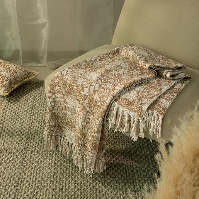 100% Pure Cotton Handblock Printed Throw Blanket, Soft 50" x 60" Fringed Floral Print Throw for Couch, Sofa, Chair, Bed - Cozy, Machine Washable, Comfortable Home Decor