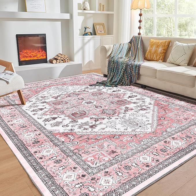OPPODREAM Thin Area Rugs 5x7, 5x7 Washable Rug with Non Slip Backing, 5 x 7 Faux Cashmere Low-Pile Carpet, Pink & Cream