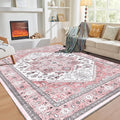 OPPODREAM Thin 10x14 Area Rugs, Washable Rugs 10x14 with Non Slip Backing, Low-Pile Faux Cashmere 10 x 14 Carpet, Pink & Cream
