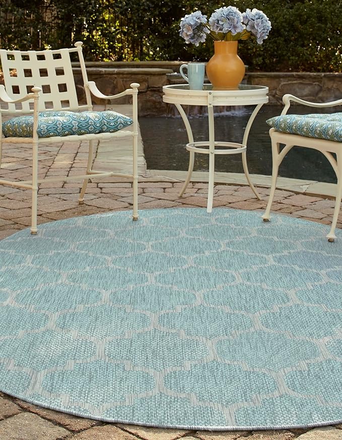 Unique Loom Outdoor Trellis Collection Area Rug (7' 10" x 10' Oval, Aquamarine/ Gray)