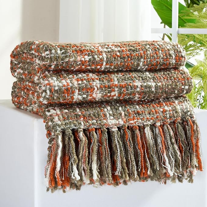 Multi-Color Orange Cable Knitted Throw Blanket for Couch,60"X80" Boho Style Textured Blankets for Home Decor,Super Soft Warm Cozy Chunky Knit Blanket with Decorative Tassels for Bed and Sofa