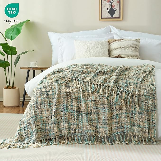 Multi-Color Blue Grey Cable Knitted Throw Blanket for Couch,60"X80" Boho Style Textured Blankets for Home Decor,Super Soft Warm Cozy Chunky Knit Blanket with Decorative Tassels for Bed