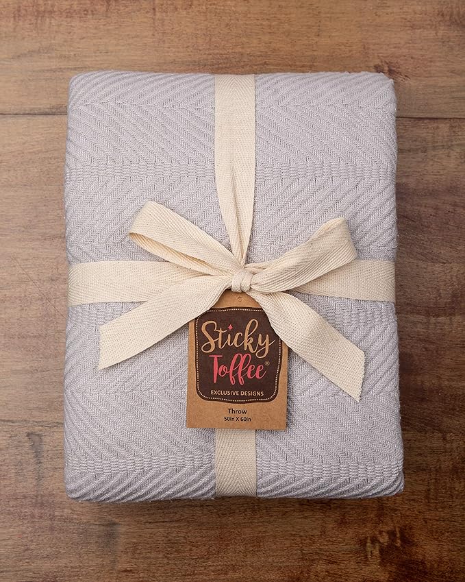 Sticky Toffee Cotton Throw Blanket 60x50 in – Light Gray Woven Lightweight Blanket for Couch or Bed, Soft Herringbone Weave, Boho Farmhouse Style