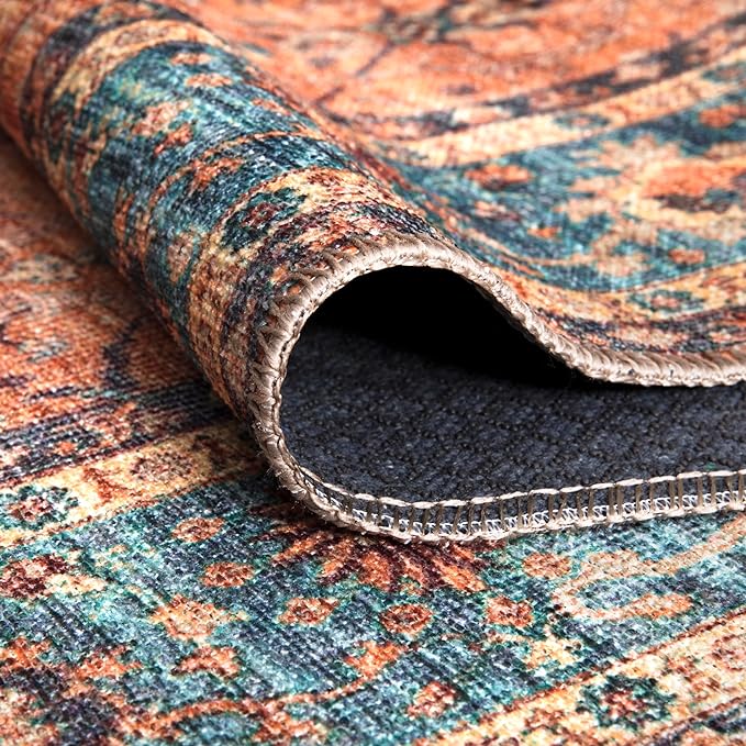 Bloom Rugs Washable Non-Slip 8' x 10' Rug - Orange/Teal Blue Traditional Bordered Area Rug for Living Room, Bedroom, Dining Room, and Kitchen - Exact Size: 8' x 10'