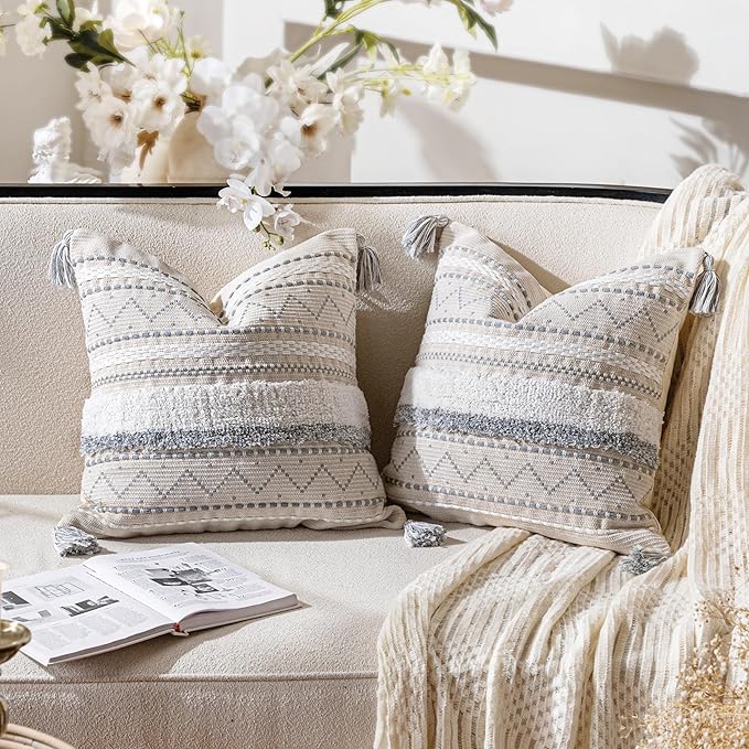 BlissBlush Gray Decorative Throw Pillow Cover 18X18 Combo Set of 2 Square Boho Neutral Grey Accent Pillowcase Tassels Farmhouse Cushion for Couch Sofa Bedroom Living Room Home Décor Cover ONLY