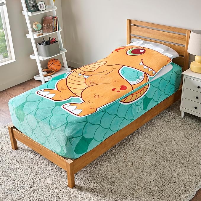 ZippySack Twin Bed Zip-Up Bedding – Super Soft Fleece Fitted Blanket with Side Pocket & Durable Zipper – Easy Bed-Making for Kids (Dinosaur)
