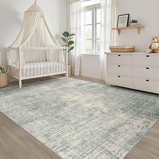 10x14 Area Rugs Living Room: Washable Large Neutral Green Rug Abstract Soft Modern Stain Resistant Indoor Floor Non-Slip Carpet for Bedroom Nursery Kids Office Playroom Dining Room Under Table Home