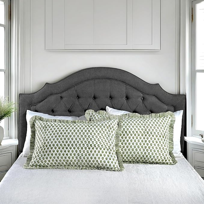CPC Emerald Green 100% Cotton Block Print Ruffle Pillow Cover 20X30 inch Pack of 2, Handmade Boho Floral Pillowcase,Soft Decorative Queen Bed Pillow Cover for Bedroom Décor