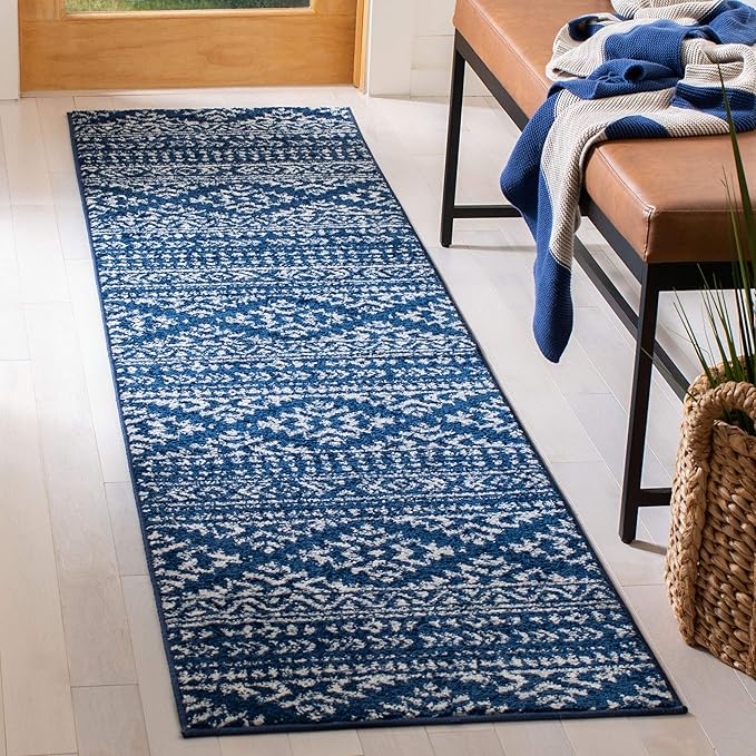 SAFAVIEH Tulum Collection Runner Rug - 2' x 19', Navy & Ivory, Moroccan Boho Tribal Design, Non-Shedding & Easy to Clean, Ideal for Living Room, Hallway, Foyer, Bedroom (TUL272N)