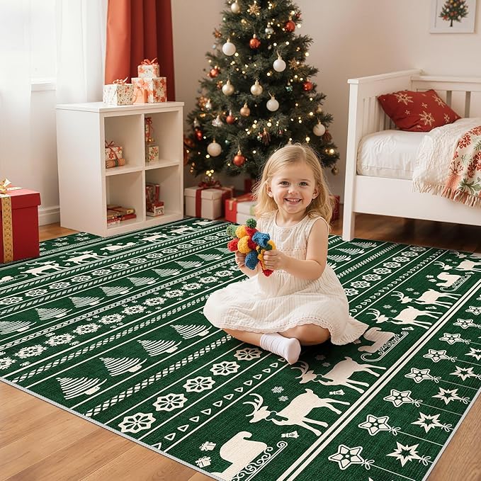 Abstract Living Room Rug 5X7 - Modern Washable Christmas Soft Thin Area Rug for Living Room Bedroom Under Dining Table - Neutral Indoor Floor Rug Carpets for Home Office Playroom Nursery - Dark Green