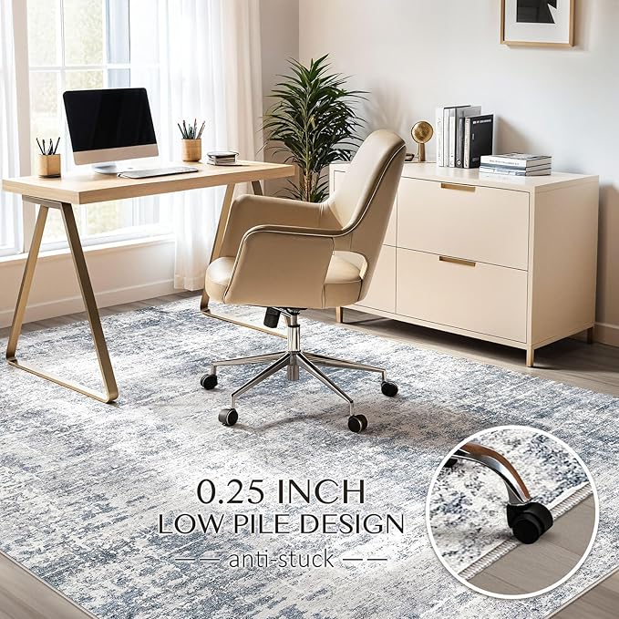 Abstract Living Room Rug 7x9 - Modern Washable Soft Thin Area Rug for Living Room Bedroom Under Dining Table - Neutral Indoor Floor Rug Carpets for Home Office Playroom Nursery - Blue Grey