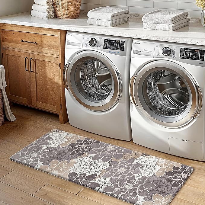 GENIMO Kitchen Mats for Floor 2PCS, Cushioned Anti Fatigue Kitchen Rugs Floral Patterns Mat 20"x32"+20"x48", CoffeeBrown