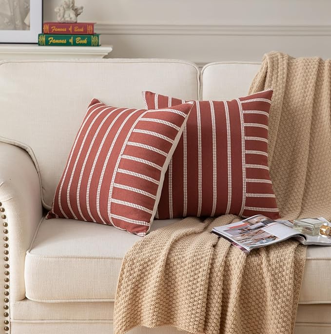 Caflife Boho Throw Pillow Covers 20x20 Set of 2 Soft Farmhouse Decorative Couch Pillow Cases Rust Striped Pillow Covers Neutral Cushion Covers for Sofa Bed Living Room Home Decor