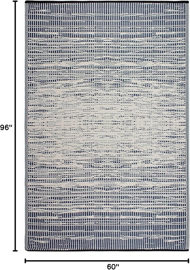 Fab Habitat Outdoor Rug - Waterproof, Fade Resistant, Crease-Free, Reversible - Premium Recycled Plastic - Distressed Abstract Stripes - Patio, Porch, Deck, Balcony - Brooklyn - Blue - 5 x 8 ft