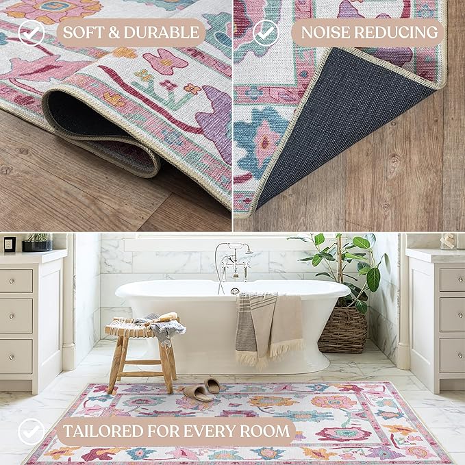 Fame Living Pink Oushak Rug, Modern, Vintage, Turkish, Eclectic, Floral, Pastel, Washable, Extra Large Area Rugs for Living Room, Dining, Bedroom, Lounge, 9'x12'