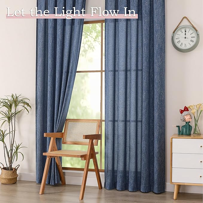 Simplebrand Navy Blue Faux Linen Textured Semi Sheer Curtains 108 Inches Long 2 Panels for Living Room, Privacy Extra Long Light Filtering Farmhouse Thick Window Drapes for Large Window, 50 x 108 Inch