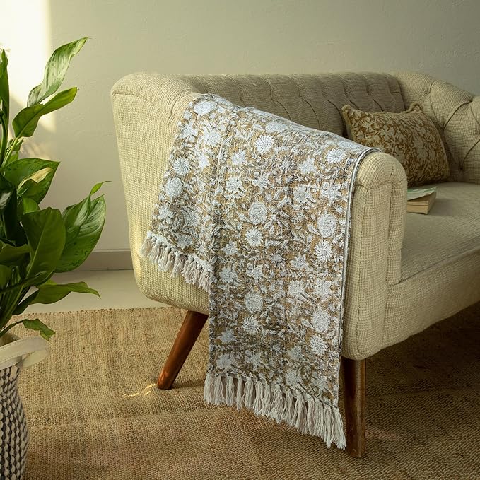 100% Pure Cotton Handblock Printed Throw Blanket, Soft 50" x 60" Fringed Floral Print Throw for Couch, Sofa, Chair, Bed - Cozy, Machine Washable, Comfortable Home Decor