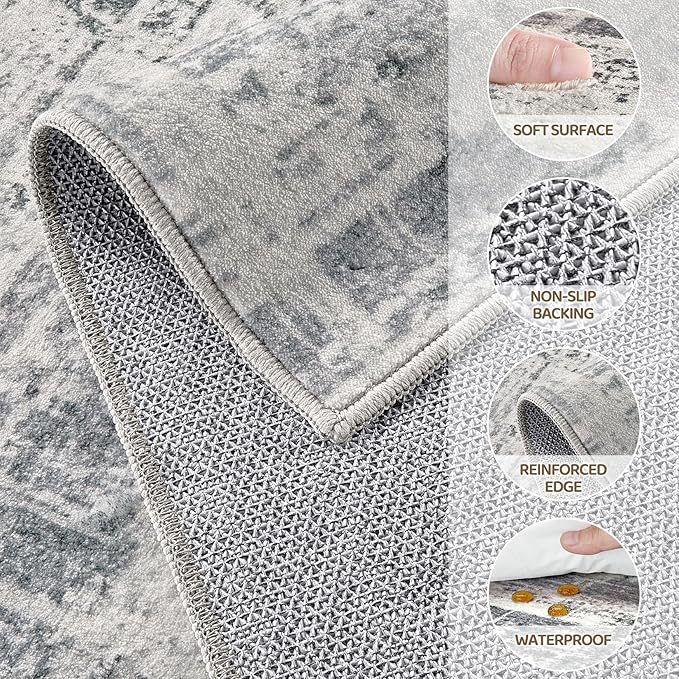 Area Rug for Living Room: 4x6 Washable Neutral Abstract Modern Soft Rugs Non Slip Indoor Floor Stain Resistant Carpet for Bedroom Dining Room Office Nursery - Gray