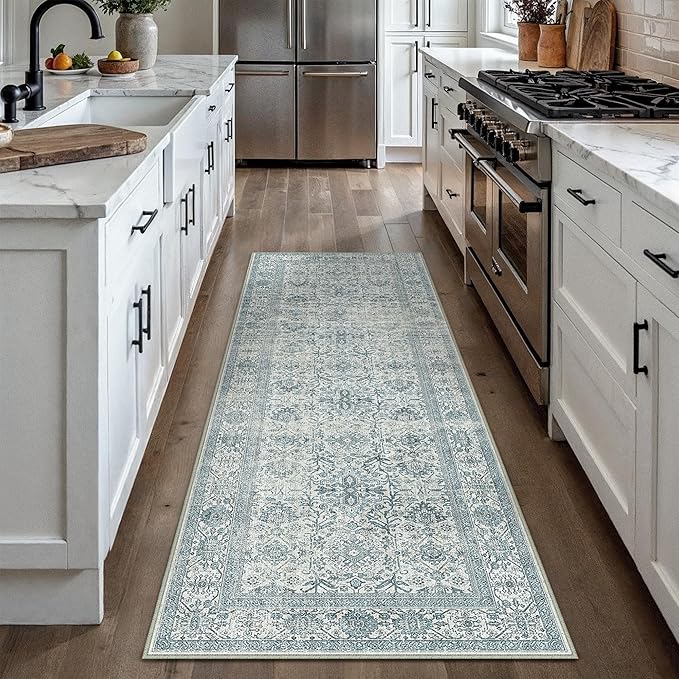 Blue Runner Rug 2x6 Vintage Area Carpet Hallway Long Indoor Kitchen Washable Living Room Low Pile Traditional Distressed Retro Accent Throw Rug Non Slip Laundry Bathroom Office Dining Room