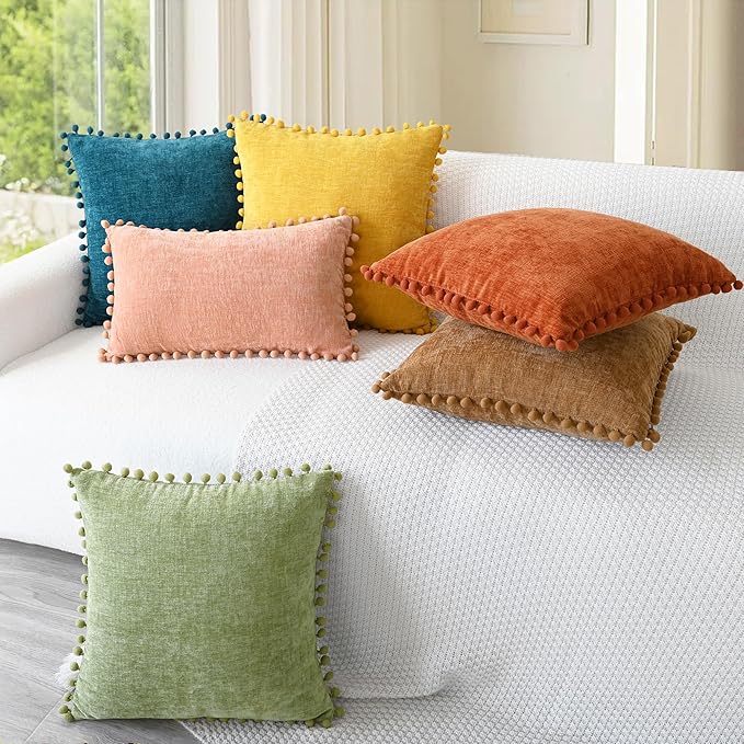 CaliTime Throw Pillow Covers Decorative 20 X 20 Inches Pack of 2 Cozy Solid Dyed Soft Chenille Cushion Cases with Pom Poms for Couch Sofa Bed Living Room Home Sage