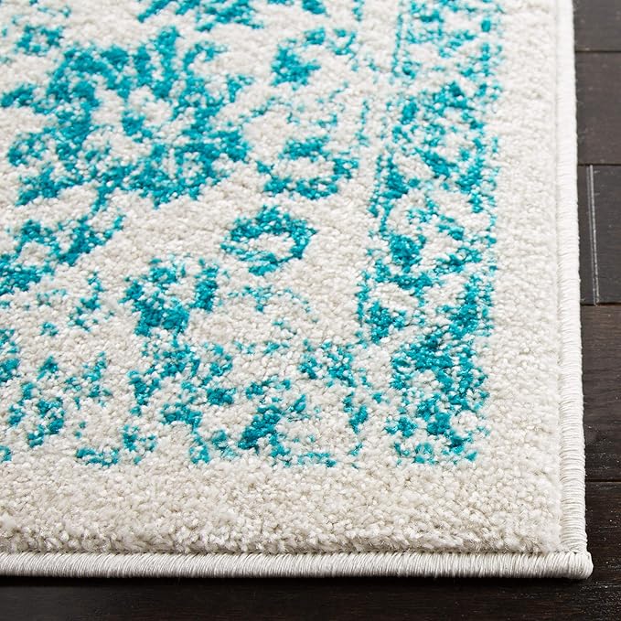 SAFAVIEH Adirondack Collection Area Rug - 4' Square, Ivory & Teal, Distressed Vintage Floral Design, Non-Shedding & Easy to Clean, Ideal for Living Room, Bedroom, Dining Space (ADR109D)