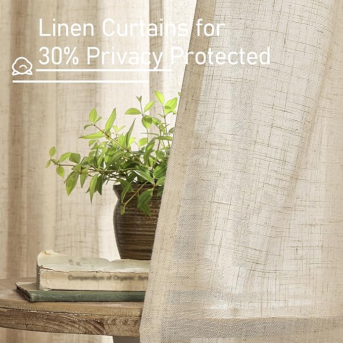 LAMIT Living Room Linen Curtains 95 Inch for Bedroom, Back Tab and Rod Pocket Linen Textured Sheer Curtains Light Filtering Burlap Drapes for Farmhouse, 2 Panels, 52 x 95 Inch, Brown