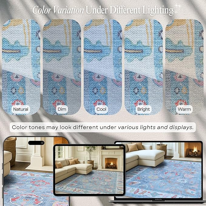 Fame Rugs Blue Modern Oushak Rug 8x10, Vintage Turkish Colorful Oriental Washable Antique Inspired Large Area Rugs, Luxury Living Room Bedroom (381LB, 7'6 x 10')