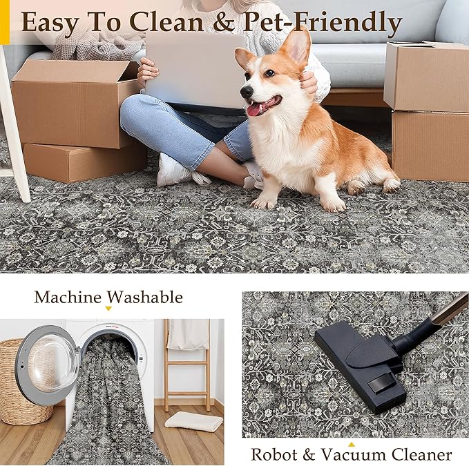Black Runner Rug 2x8 Vintage Area Carpet Hallway Long Indoor Kitchen Washable Living Room Low Pile Traditional Distressed Retro Accent Throw Rug Non Slip Laundry Bathroom Office Dining Room