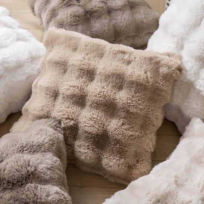 Pack of 2 Thick Plush Throw Pillow Covers Fluffy Wave Faux Fur Decorative Cushion Covers Soft Wool Pillowcase for Sofa Couch Livingroom 18x18 Inch Camel