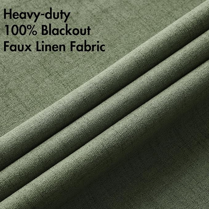 MIULEE 100% Blackout Linen Textured Curtains for Bedroom Solid Thermal Insulated Olive Green Grommet Room Darkening Curtains & Drapes Luxury Decor for Living Room Nursery 52 x 96 Inch (2 Panels)
