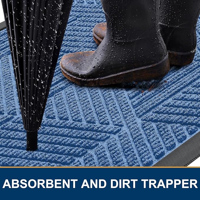 Smiry Front Door Mat Outside Entrance, Heavy Duty Sturdy Natural Rubber Doormat, Trap Dirt and Moisture, Easy Clean Low Profile Mats for Indoor Outdoor Entry, Irregular Triangle (59x24, Blue)