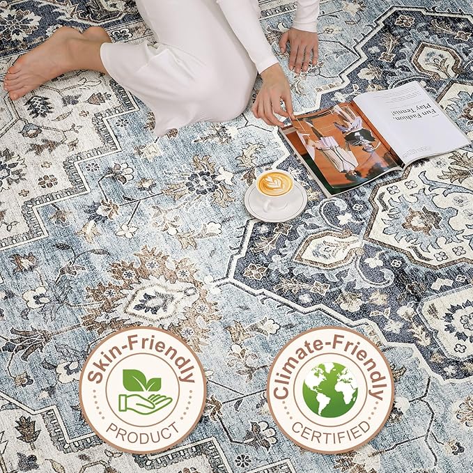 7x9 Area Rug Living Room: Washable Boho Large Neutral Vintage Soft Rugs Stain Resistant Farmhouse Non-Slip Indoor Floor Carpet for Bedroom Nursery Kids Playroom Office Dining Room- Blue Tan