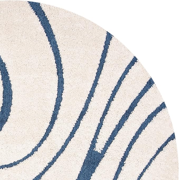 SAFAVIEH Florida Shag Collection 4' Round Cream/Blue SG471 Abstract Wave Non-Shedding Living Room Bedroom Dining Room Entryway Plush 1.2-inch Thick Area Rug
