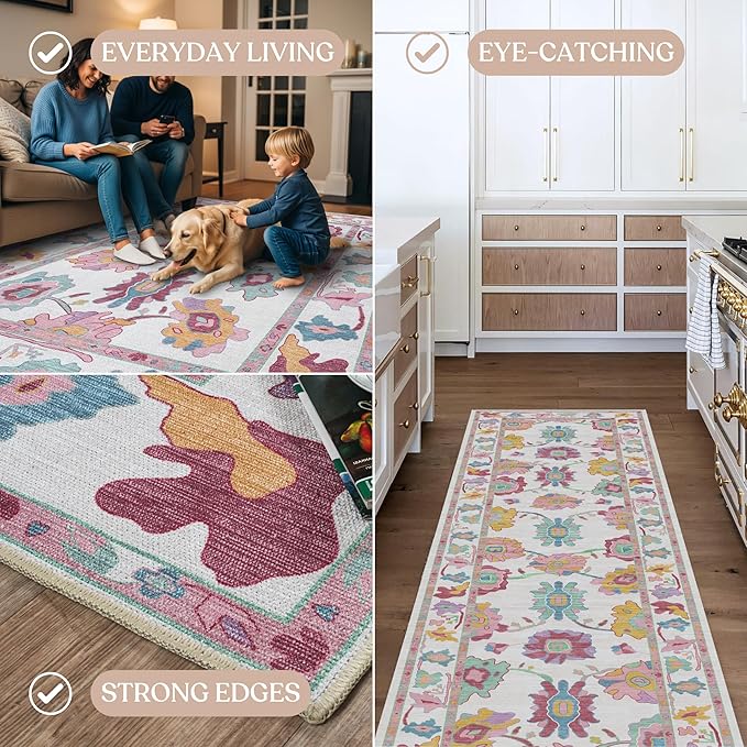 Fame Living Pink Oushak Rug, Modern, Vintage, Turkish, Eclectic, Floral, Pastel, Washable, Area Rugs for Living Room, Dining, Bedroom, Office, Entryway, Foyer, Playroom, Nursery, 5'x6'9"