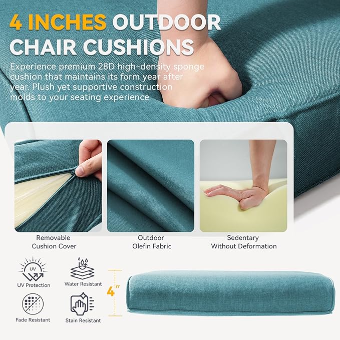 Patio Cushions for Outdoor Furniture - 22" x 25" x 4" UV Resistant Thick Foam Cushions Water Resistant Replacement Cushion for Outdoor Patio Furniture Chair/Sofa/Couch | Peacock Green | 5-Pack |