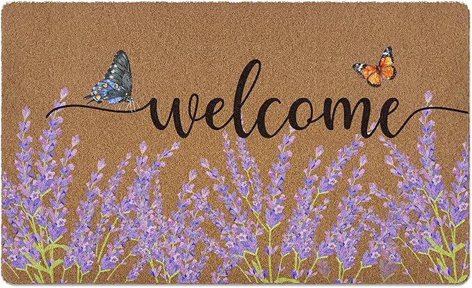 Lavender Floral Welcome Door Mat, Rustic Floral Butterfly Welcome Front Door Mat Indoor Outdoor Entrance, Purple Flower Artificial Coir Doormats Rugs for Porch Entryway Decor 30x17in