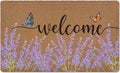 Lavender Floral Welcome Door Mat, Rustic Floral Butterfly Welcome Front Door Mat Indoor Outdoor Entrance, Purple Flower Artificial Coir Doormats Rugs for Porch Entryway Decor 30x17in