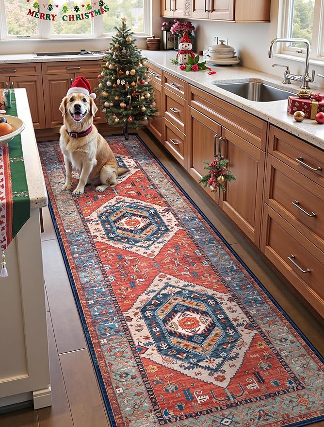 SERISSA Runner Rug for Hallways, 3x10 Washable Non Slip Kitchen Runner Rug, Long Boho Rug Vintage Rust Hallway Stair Ultra Soft Print Floor Carpet for Bedroom Bathroom Laundry Room
