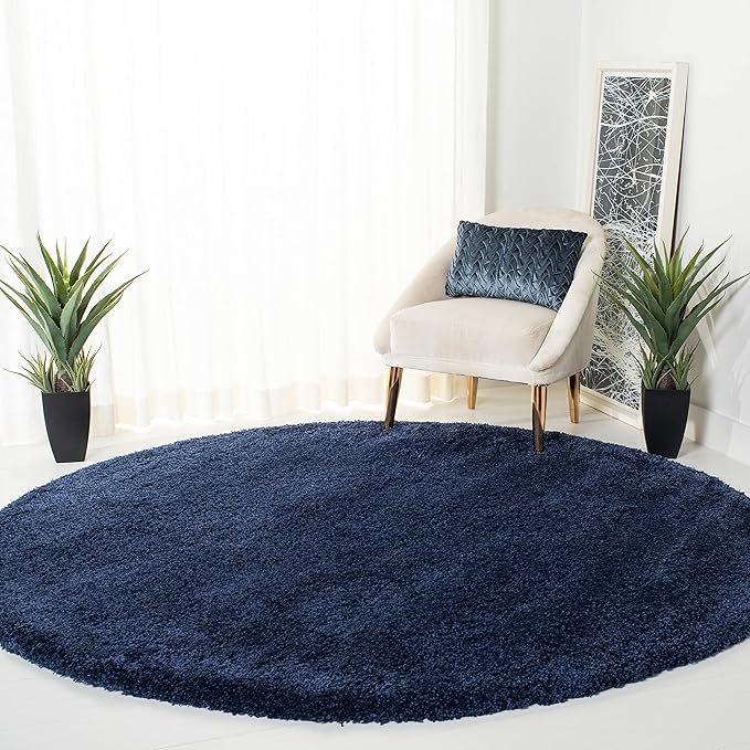 SAFAVIEH Milan Shag Collection Area Rug - 9' Round, Navy, Solid Design, Non-Shedding & Easy Care, 2-inch Thick Ideal for High Traffic Areas in Living Room, Bedroom (SG180-7070)