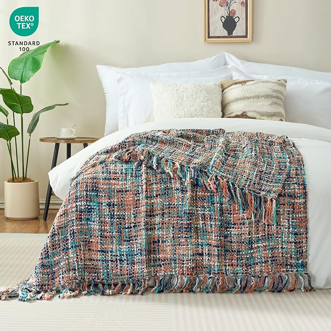 Multi-Color Pink Cable Knitted Throw Blanket for Couch,60"X80" Boho Style Textured Blankets for Home Decor,Super Soft Warm Cozy Chunky Knit Blanket with Decorative Tassels for Bed and Sofa