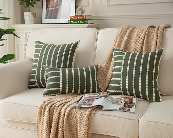 Caflife Boho Throw Pillow Covers 20x20 Set of 2 Soft Farmhouse Decorative Couch Pillow Cases Green Striped Pillow Covers Neutral Cushion Covers for Sofa Bed Living Room Home Decor