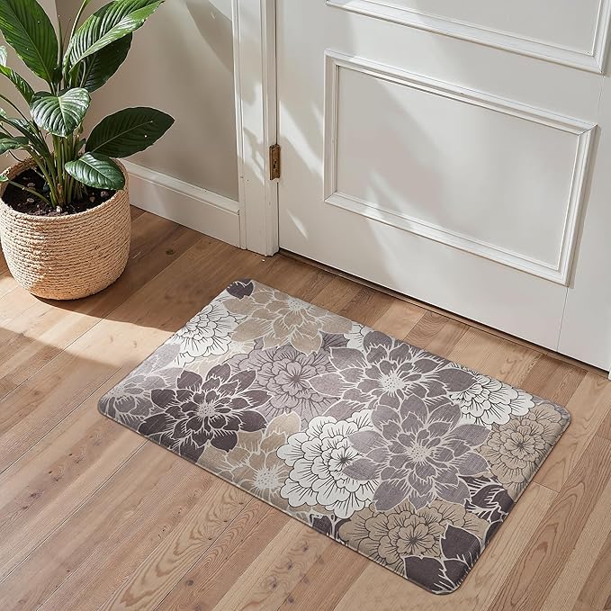 GENIMO Kitchen Mats for Floor, Kitchen Rugs Non Slip Washable Sets of 2, Waterproof Cushioned Anti Fatigue Mat, Floral Runner Rug for Laundry, Sink, Office, Home, 17.3"x47"+17.3"x30", Coffee Brown