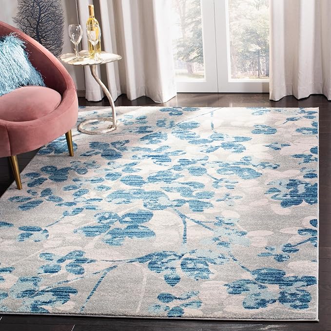 SAFAVIEH Evoke Collection 4' x 6' Grey/Light Blue EVK236J Floral Non-Shedding Living Room Bedroom Accent Rug