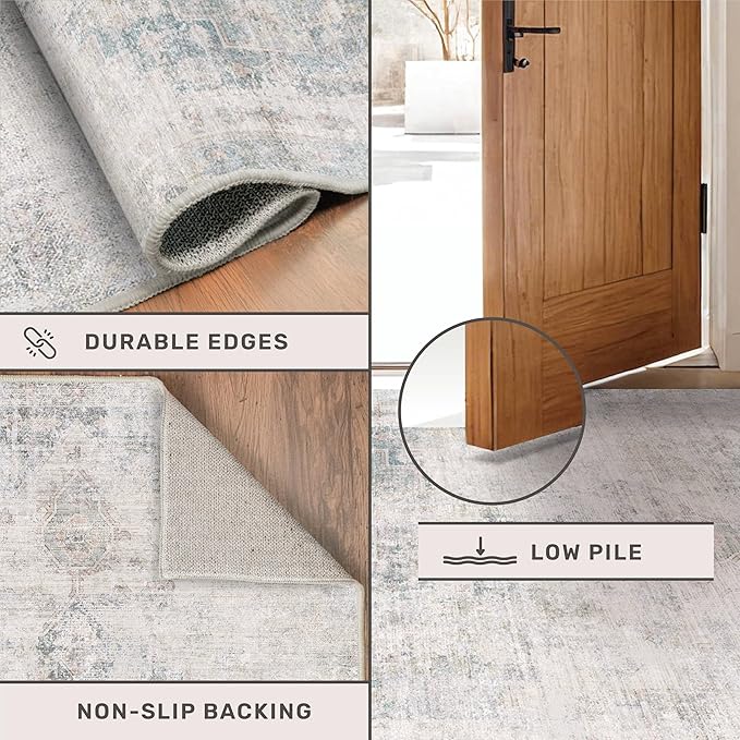 Modern Farmhouse Area Rug for Living Room - 10x14 Blue Gray Big Rug for Dining Room Table, Lightweight Foldable Low Pile Washable