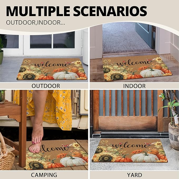 Fall Pumpkin Welcome Door Mat, Autumn Thanksgiving Welcome Front Door Mat Indoor Outdoor Entrance, Fall Pumpkin Sunflower Artificial Coir Doormats Rugs for Porch Entryway Decor 30x17in