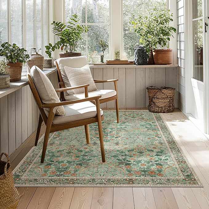 MUJOO 3x5 Green Rug Washable,Floral Area Rug for Bedroom Office Entryway Living Room Bedside,Small Throw Carpet Boho Non Slip Indoor Floor Botanical Vintage Ultra-Thin