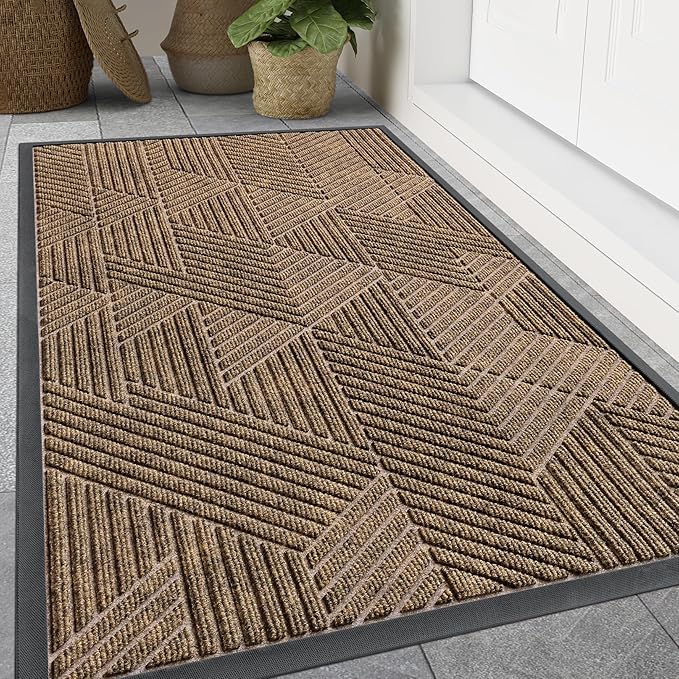 Smiry Front Door Mat Outside Entrance, Heavy Duty Sturdy Natural Rubber Doormat, Trap Dirt and Moisture, Easy Clean Low Profile Mats for Indoor Outdoor Entry, Irregular Triangle (71x24, Brown)
